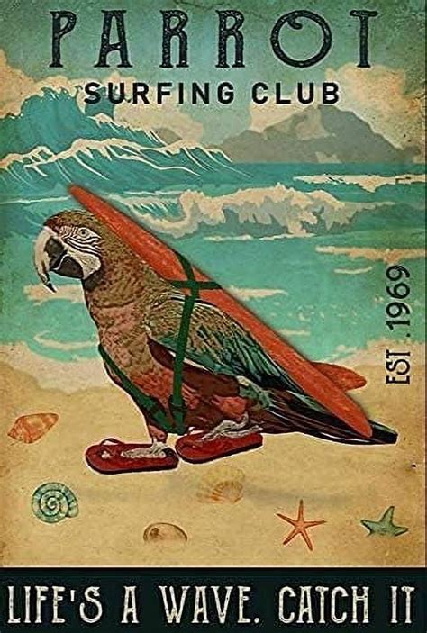 S Surfing Club Parrot Metal Tin Sign Hanging Retro Sign Kitchen Wall