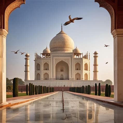 Una Vista Frontal Y Lateral Del Taj Mahal Hd Foto Premium