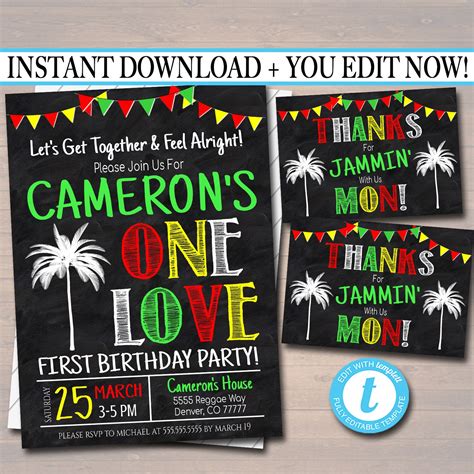 Editable One Love First Birthday Party Invitation Jamaica Etsy