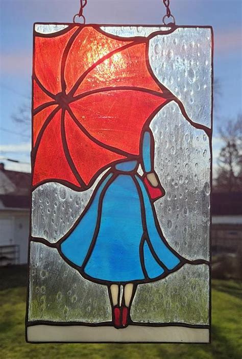 Girl In A Blue Dress With A Red Umbrella Stained Glass Mini Panel