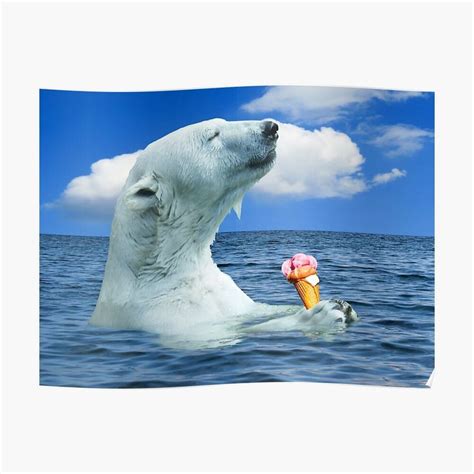 a polar bear in the water with an ice cream cone