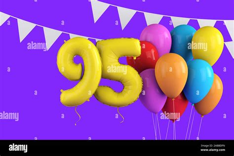 Happy 95th birthday colorful party balloons and bunting. 3D Render ...