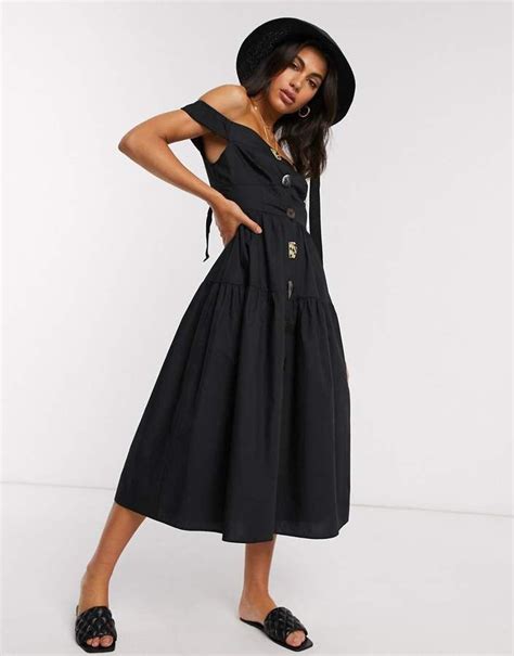 Asos Design Cotton Poplin Off Shoulder Midi Sundress With Mixed Buttons In Black Midi Sundress