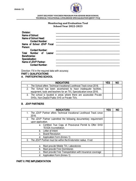 Monitoring And Evaluation Tool School Year 2022 2023 Annex 11 Pdf