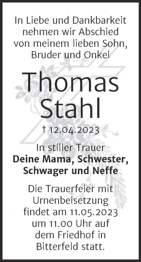 Traueranzeigen Von Thomas Stahl Abschied Nehmen De