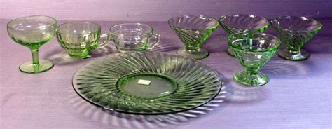 Vintage Vaseline Glass Including Dinner Plate 10 Diameter Sherbet Cups Qty 4 Tea Cups Qty 2