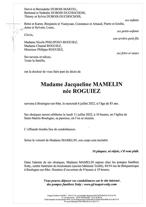 Madame Jacqueline MAMELIN Pompes Funèbres Toupet Sotty