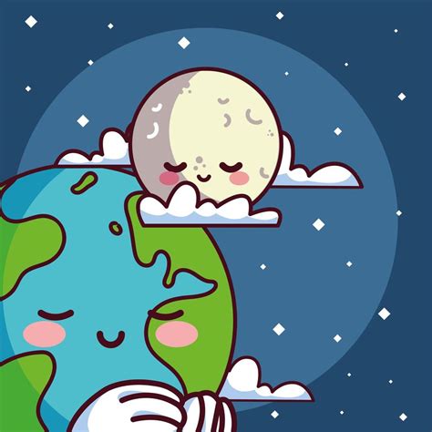 Kawaii Planeta Tierra Con Luna Sonriendo Vector En Vecteezy