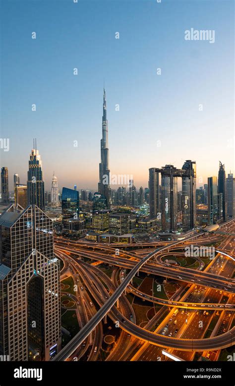 Skyline Of Dubai Sheikh Zayed Road And Burj Khalifa Skyscraper At Dusk