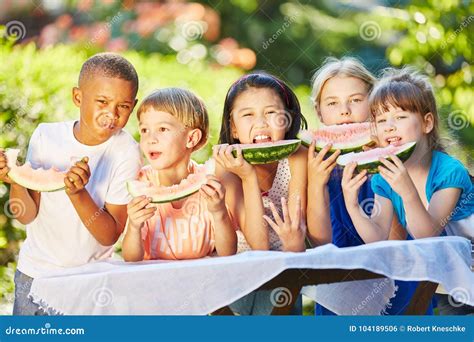 Groep Jonge Geitjes Die Meloen Eten Stock Foto Image Of Kind