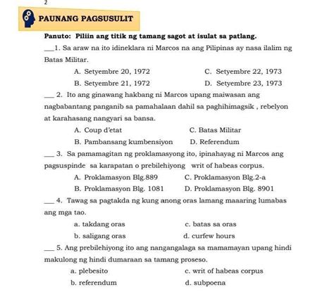 Panuto Piliin Ang Titik Ng Tamang Sagot At Isulat Sa Patlang 1 Sa