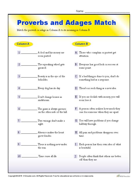 Proverbs And Adages Match Pdf Worksheets Library