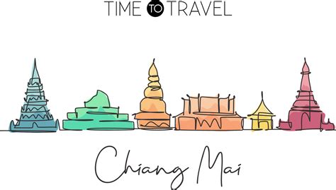 One Continuous Line Drawing Chiang Mai City Skyline Thailand