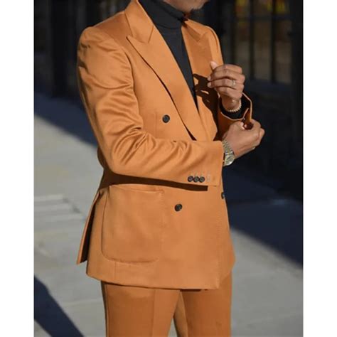 Orange Double Breasted Mens Suits Slim Fit Party Wear Two Pieces Formal