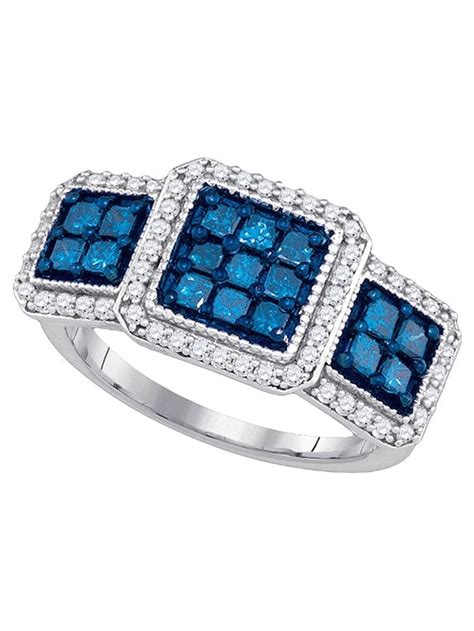 10kt White Gold Womens Round Blue Color Enhanced Diamond Triple Square