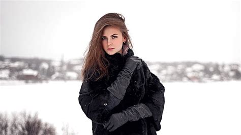 Snow Winter Cold Women Model Women Outdoors Long Hair Portrait