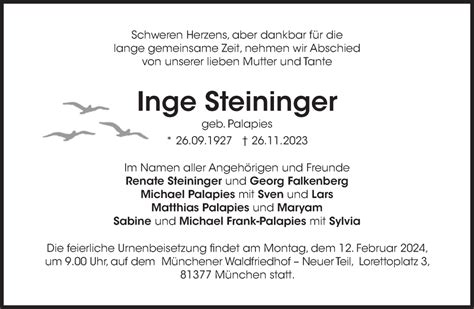 Traueranzeigen Von Inge Steininger SZ Gedenken De