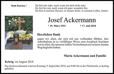 Traueranzeigen Von Josef Ackermann Rz Trauer De