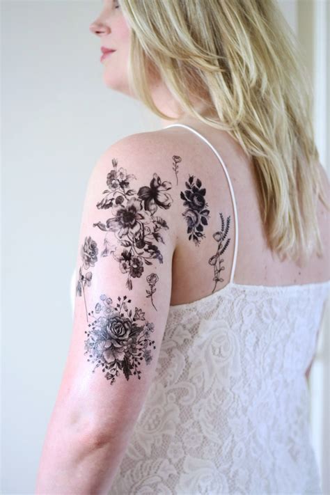 Black and White Floral Temporary Tattoo Set Vintage Floral Temporary ...