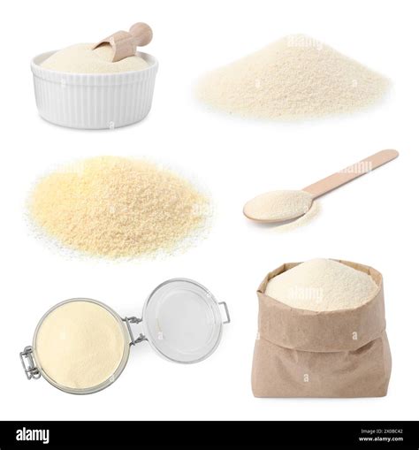 Set Of Uncooked Semolina On White Background Stock Photo Alamy