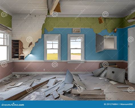 Abandoned Empty Room Interior With Large Windows And Broken Ceiling