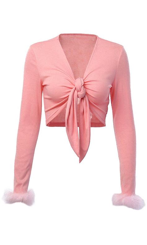 Piece Of Candy Pink Long Sleeve Feather Cuff Plunge V Neck Tie Front