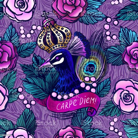 Vector Seamless Pattern With Ink Hand Drawn Peacock Stock Illustration