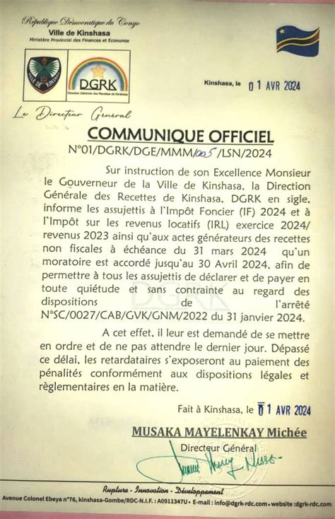 La Dgrk Accorde Un Moratoire Jusquau 30 Avril 2024 Aux Assujettis De L