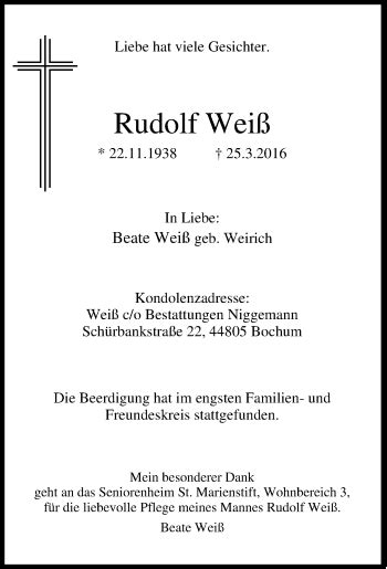 Traueranzeigen Von Rudolf Wei Trauer In Nrw De