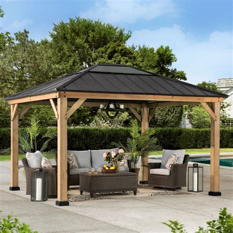 Sunjoy Outdoor Patio 11x13 Wooden Frame Backyard Hardtop Gazebo With Ceiling Hook