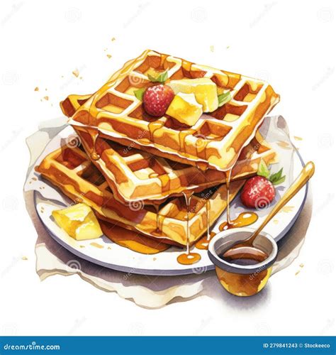 Realistic Watercolor Illustration Of Waffles With Strawberries And