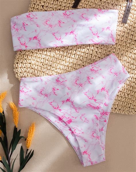 Bikini Bandeau con estampado de mármol rosa para mujer bañador de dos