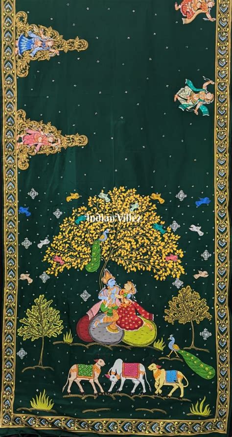 Bottle Green Radha Krishna Hand Painted Pattachitra Art Silk Saree