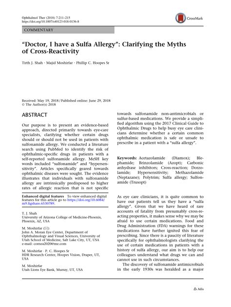 (PDF) “Doctor, I have a Sulfa Allergy”: Clarifying the Myths of Cross-Reactivity