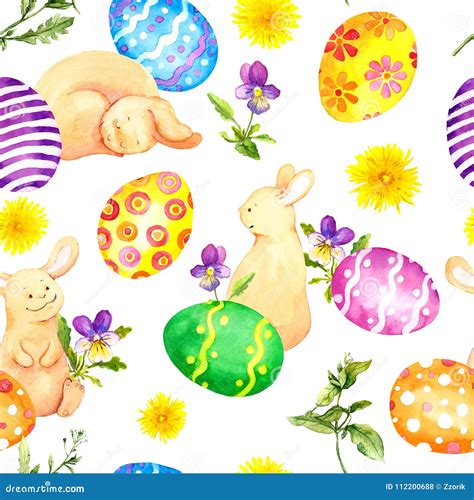 Easter Bunny Colored Eggs In Grass And Flowers Repeating Floral