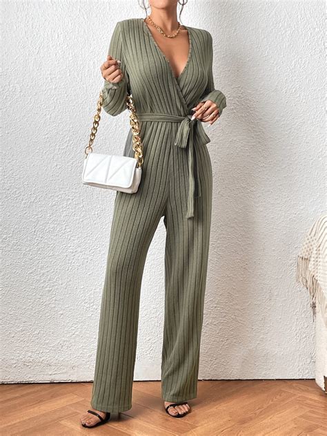 Surplice Neck Belted Ribbed Knit Jumpsuit Comfy Jumpsuits