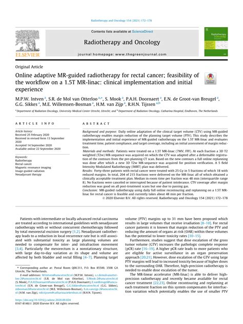 PDF Online Adaptive MR Guided Radiotherapy For Rectal Cancer