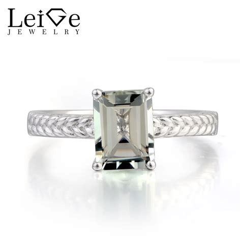 Leige Jewelry Natural Green Amethyst Ring Proposal Ring Emerald Cut