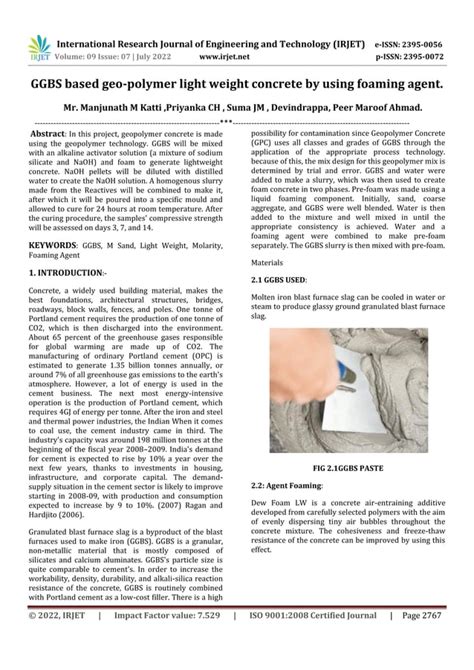 GGBS Based Geo Polymer Light Weight Concrete By Using Foaming Agent PDF