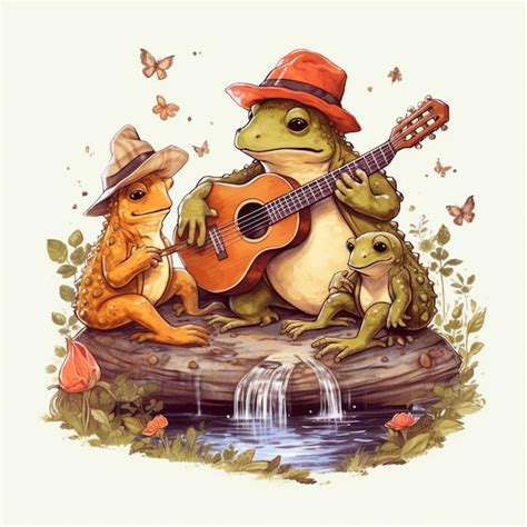 Premium Photo There Are Two Frogs Playing Guitar And A Frog Sitting