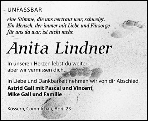 Traueranzeigen Von Anita Lindner Trauer Anzeigen De