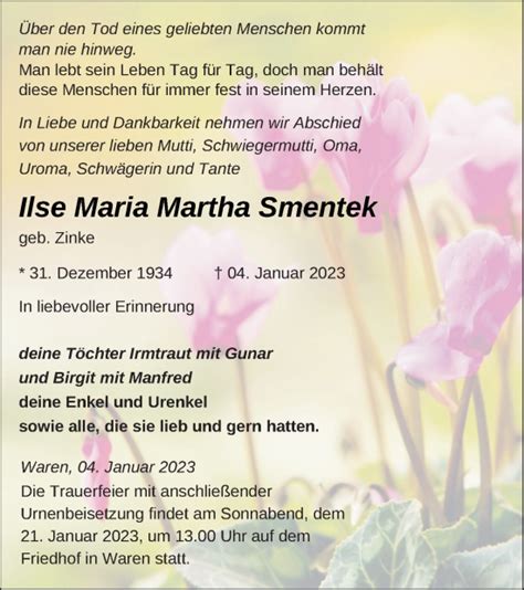 Traueranzeigen Von Ilse Maria Martha Smentek Trauer Nordkurier