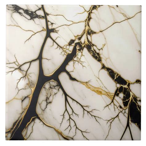 White Marble Ceramic Tile Black And Gold Veins Zazzle
