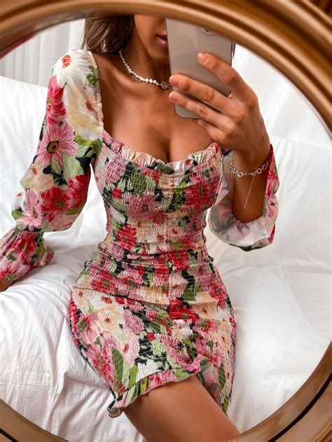 Floral Square Neck Shirred Bodycon Dress Shein Usa