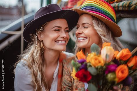 Beautiful Generative Ai Lesbian Couple In A Boat In Amsterdam Celebrating Lgbtq Pride With