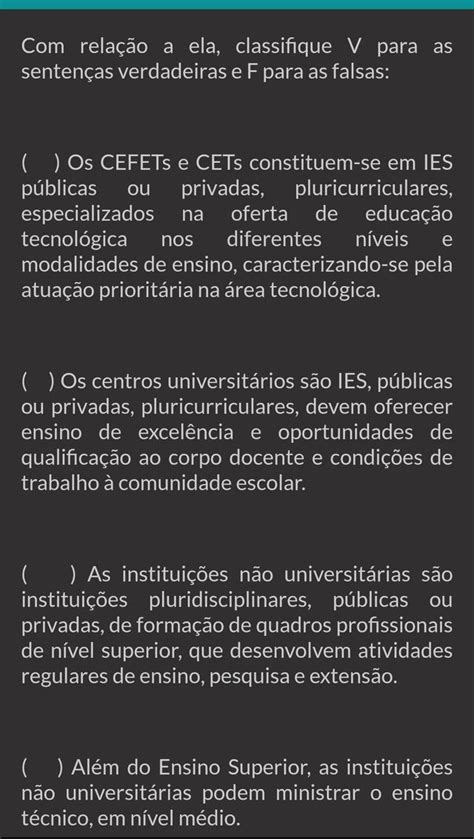 a relação a ela classifique v para as sentenças verdadeiras e f