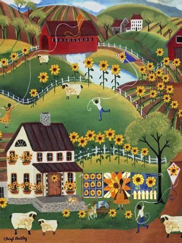 Primitive Quilt Maker House Sunflower Sheep Cheryl Bartley Giclee