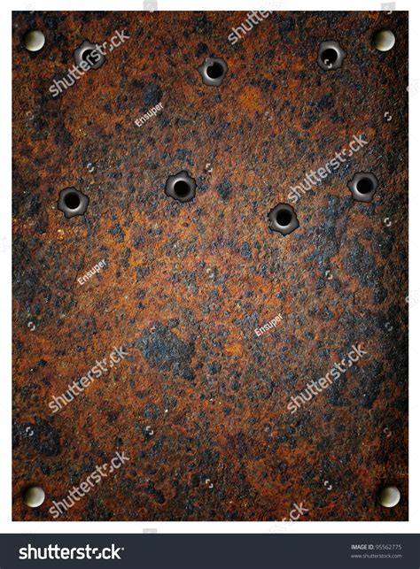 Bullets Holes Rusty Metal Plate With Bullets Holes Stock Photo