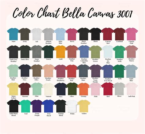 Bella Canvas 3001 Color Chart Key Features Bella Canvas Color Etsy