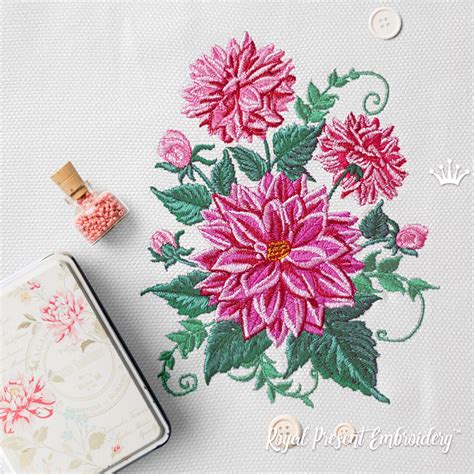 Dahlias Machine Embroidery Design Sizes Royal Present Embroidery